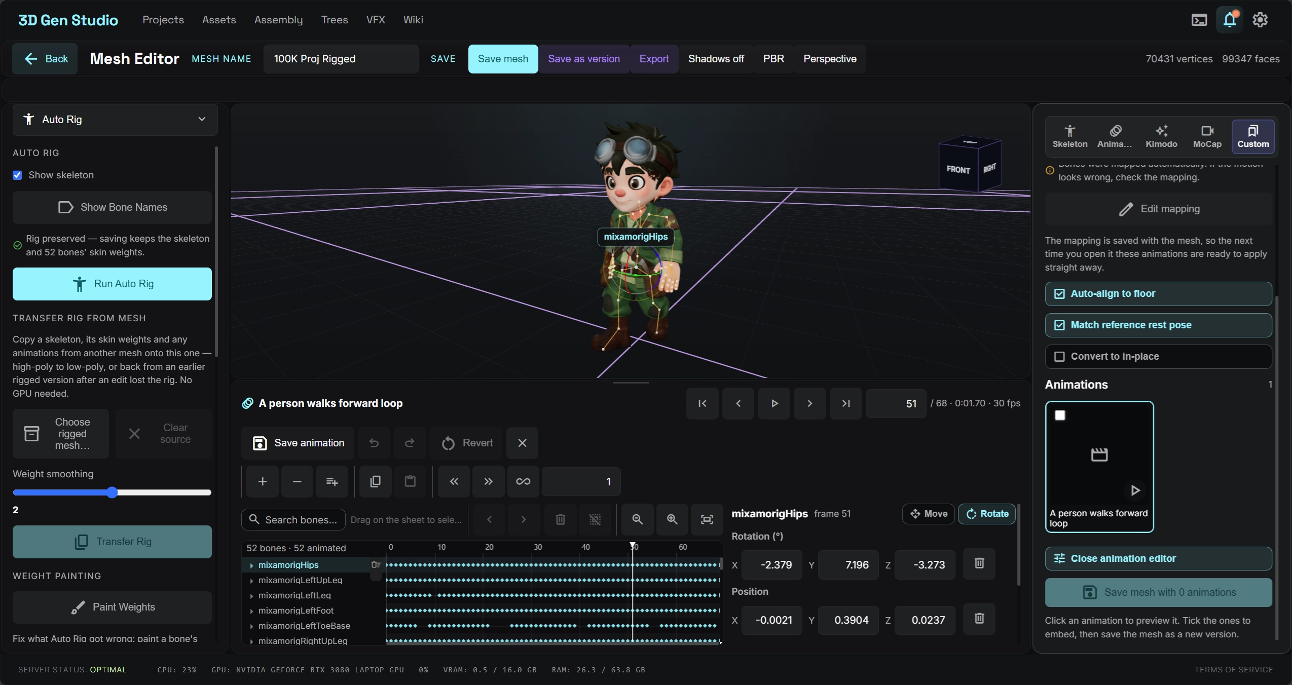 Animation Editor in 3D Gen Studio retargeting clips onto a rigged mesh
