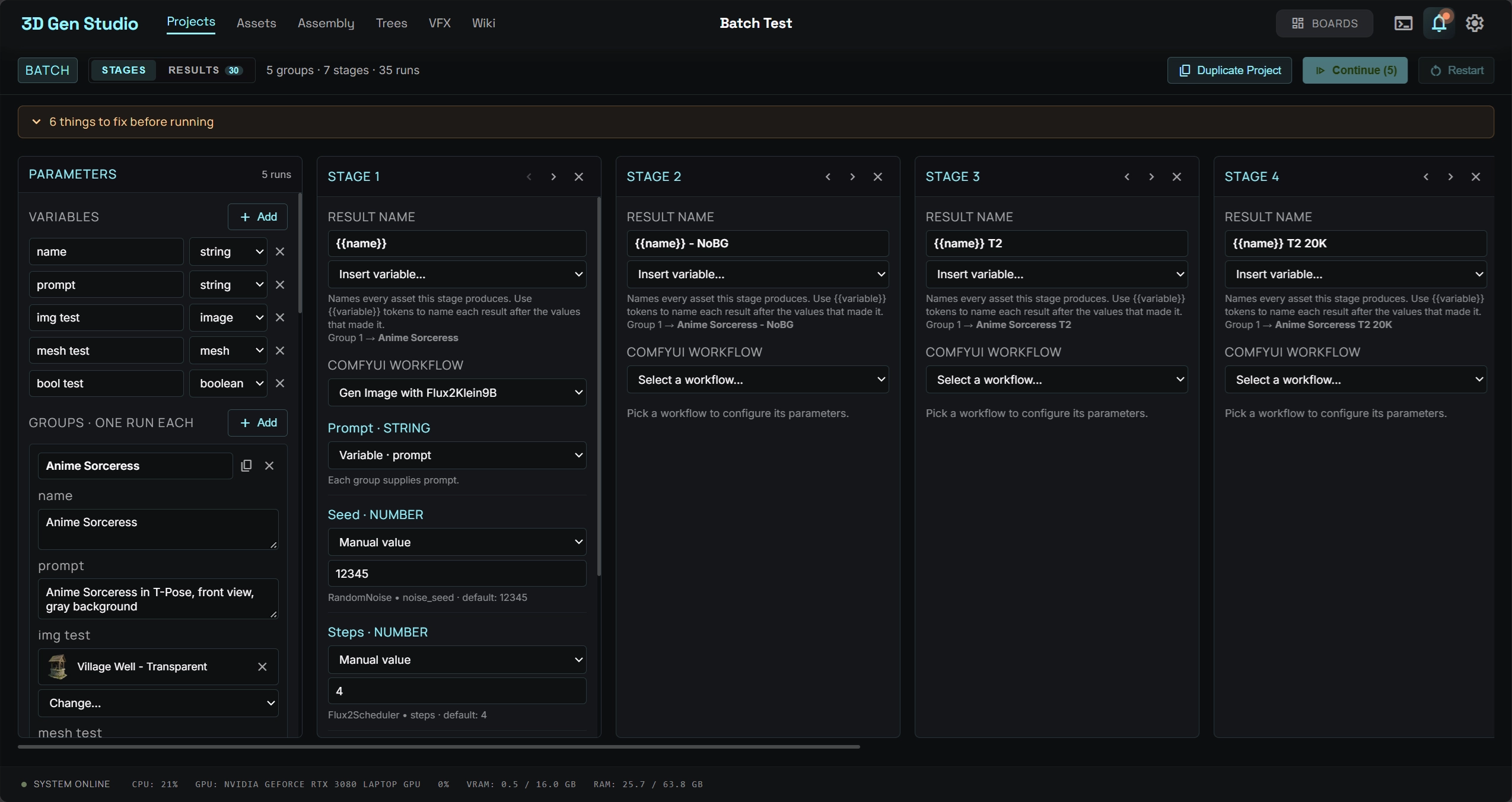 Batch workspace of 3D Gen Studio showing parameter groups and workflow stages