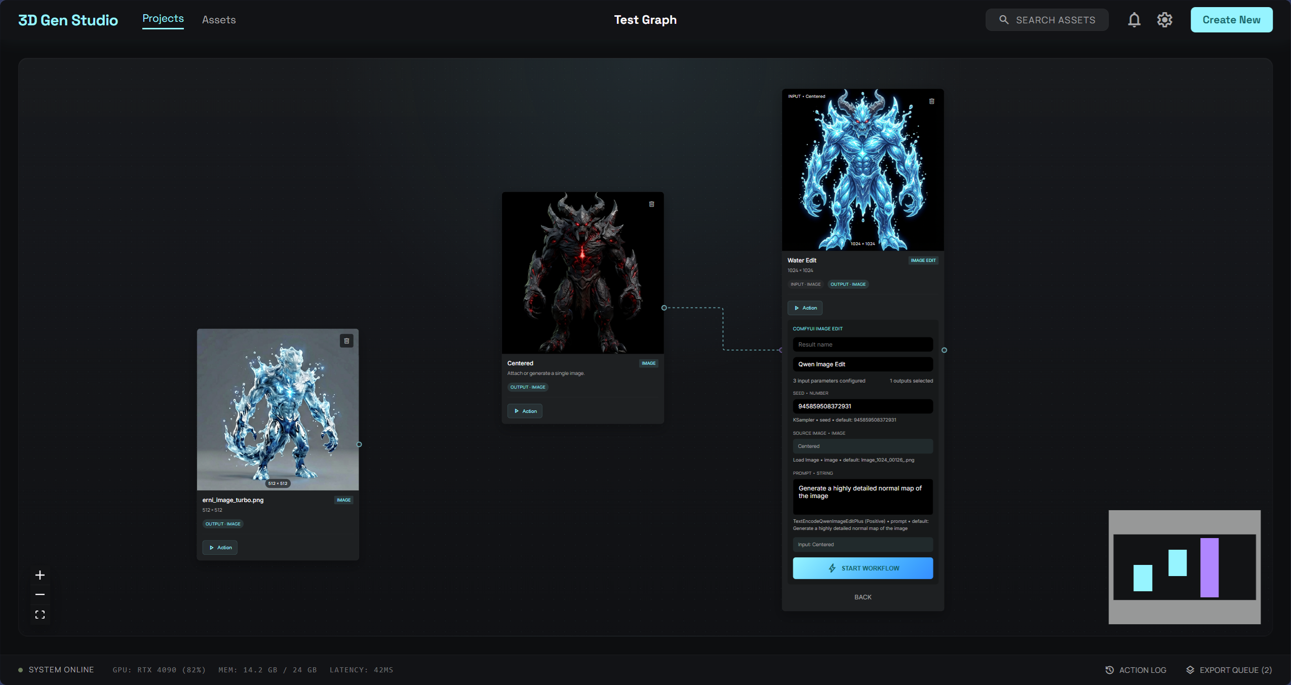 Node graph view of 3D Gen Studio showing connected workflow nodes
