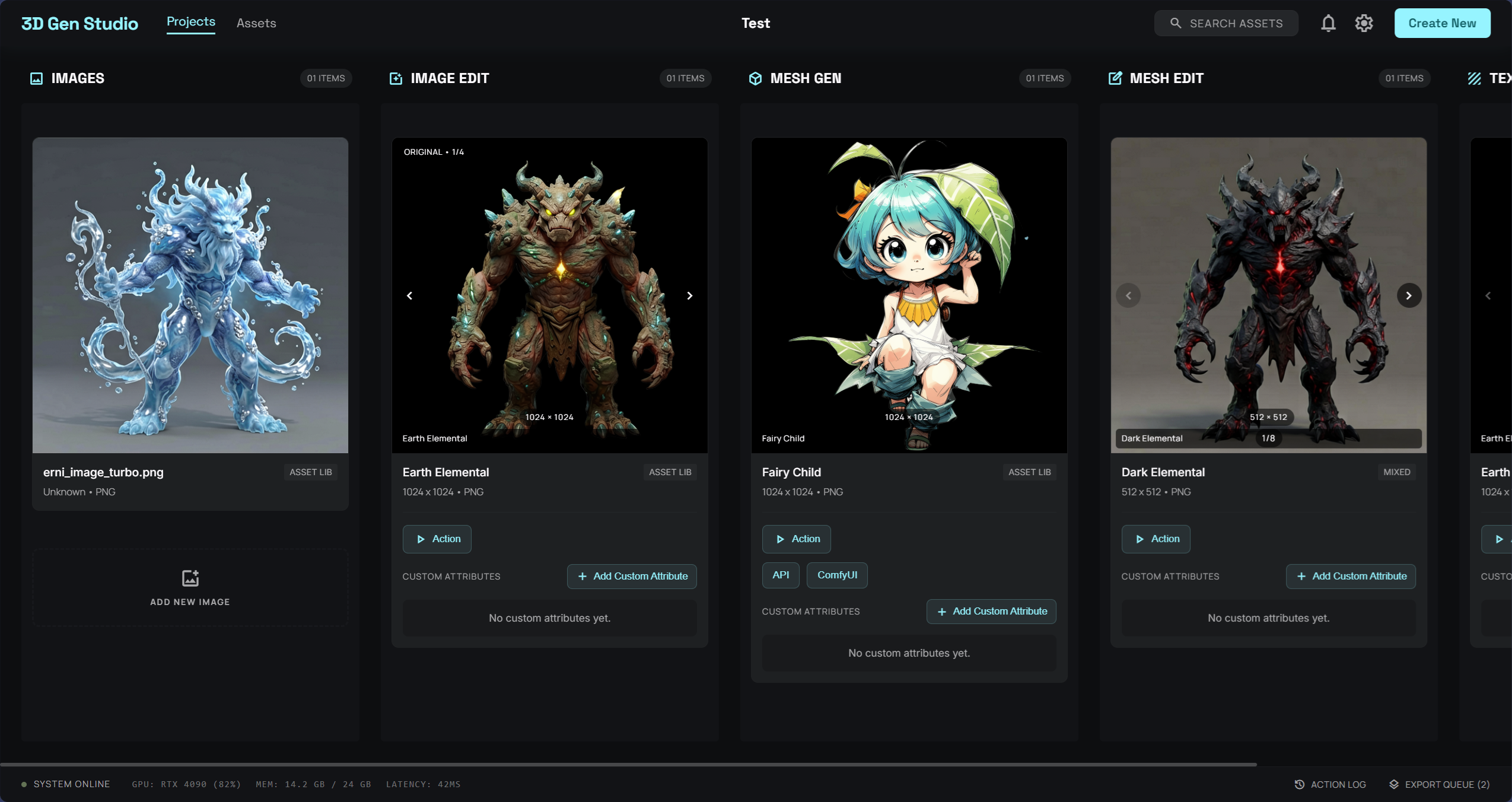3D Gen Studio Kanban view showing image and mesh generation pipeline