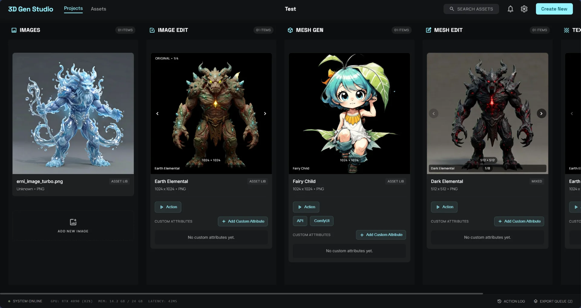 3D Gen Studio Kanban view showing image and mesh generation pipeline